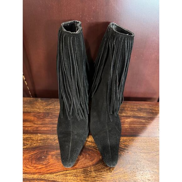 Black Suede Fringe Pointed Toe Heeled Boots Western Boho Indie Glam W Sz 7 - Picture 2 of 7